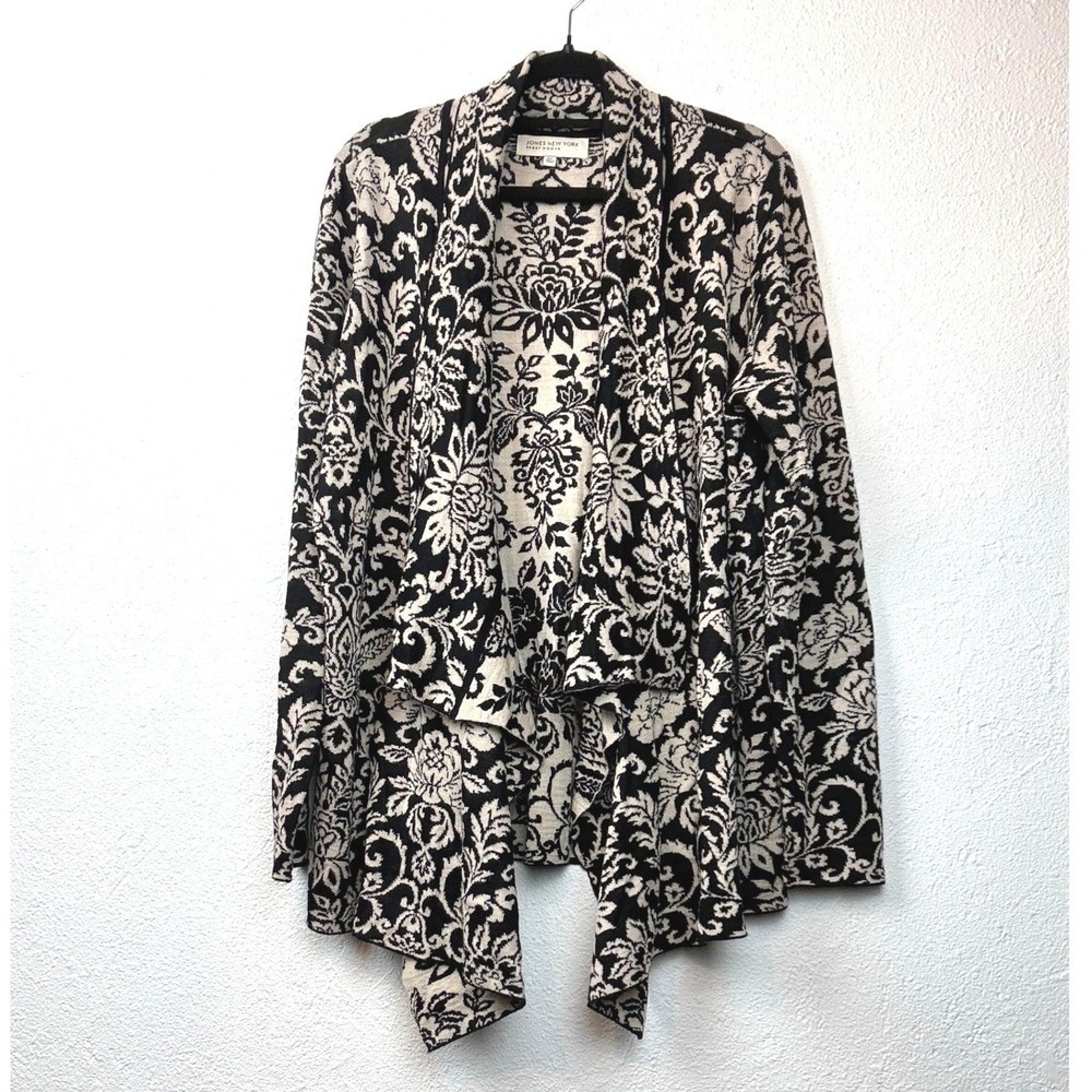 Jones New York Black Cardigan - 0X - Floral Damask Open Front Boho Classic Chic